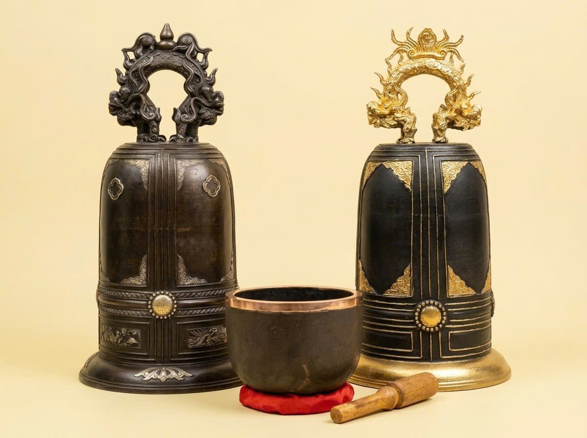 Bộ Chuông Bát Bằng Đồng Đỏ Kèm Dùi Gõ Cho Phòng Thờ