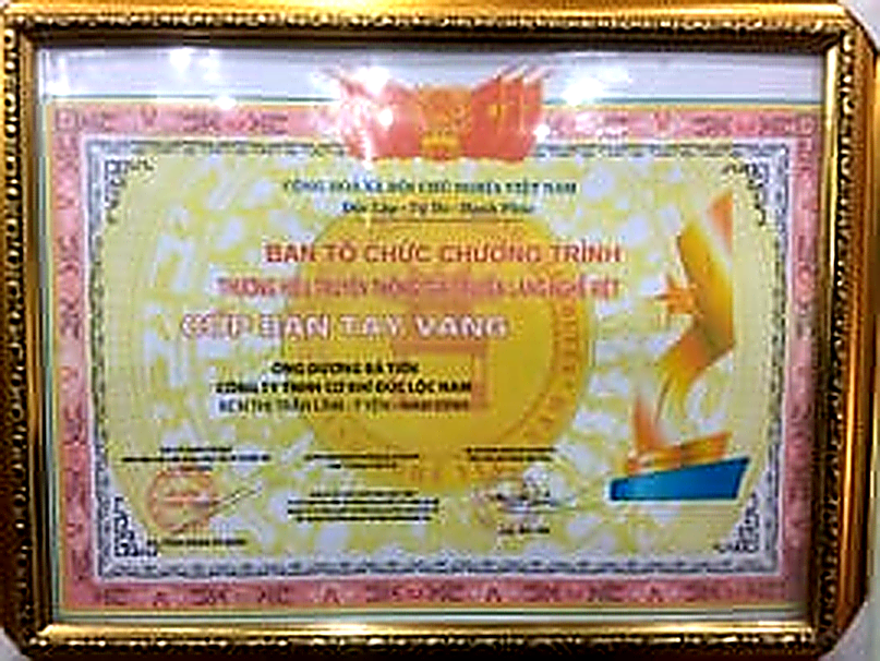 Bằng chứng nhận Cúp Bàn Tay Vàng trao tặng cho Ông Dương Bá Tiến - Công ty TNHH Cơ Khí Đúc Lộc Nam