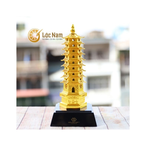 Tháp Văn Xương 9 Tầng Cao 30cm Đồng Vàng Mạ Vàng Hộp Mika 32x13cm
