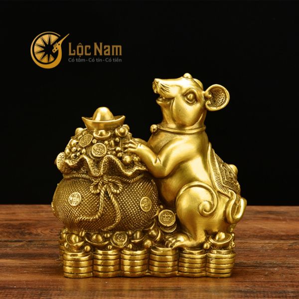 Tượng Con Chuột Bên Bao Tài Lộc Bằng Đồng Thau