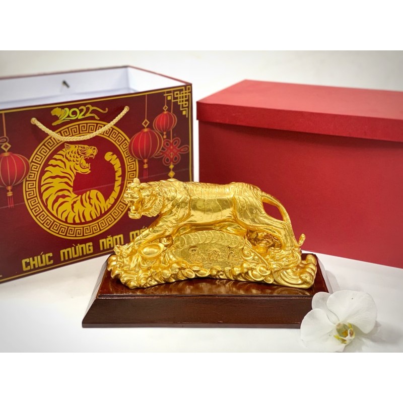 Tượng Hổ Bằng Đồng Đứng Tiền Phúc Tài Lộc Dát Vàng 24k