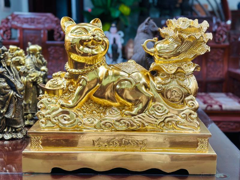 Tượng Mèo Phong Thủy Vạn Sự Như Ý Bằng Đồng Mạ Vàng 24k