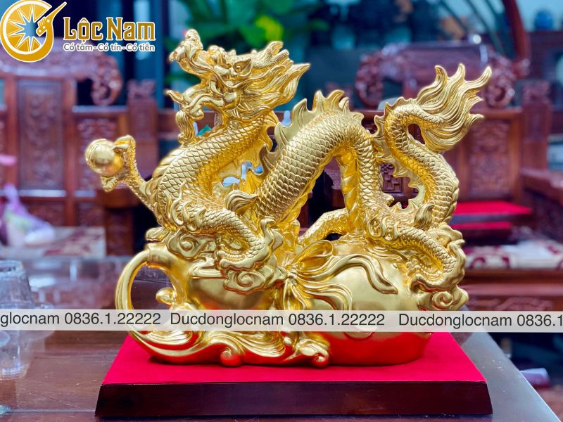 Tượng Rồng Cuộn Hồ Lô Bằng Đồng Dát Vàng Cao 42cm
