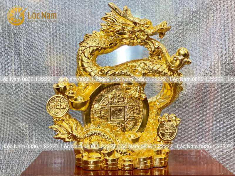 Tượng Rồng Cuộn Tiền Nhả Ngọc Bằng Đồng Cao 40cm Dát Vàng 24k