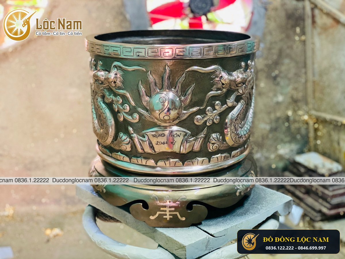 Bát Hương Bằng Đồng Rồng Chầu Mặt Nguyệt Đường kính 30cm