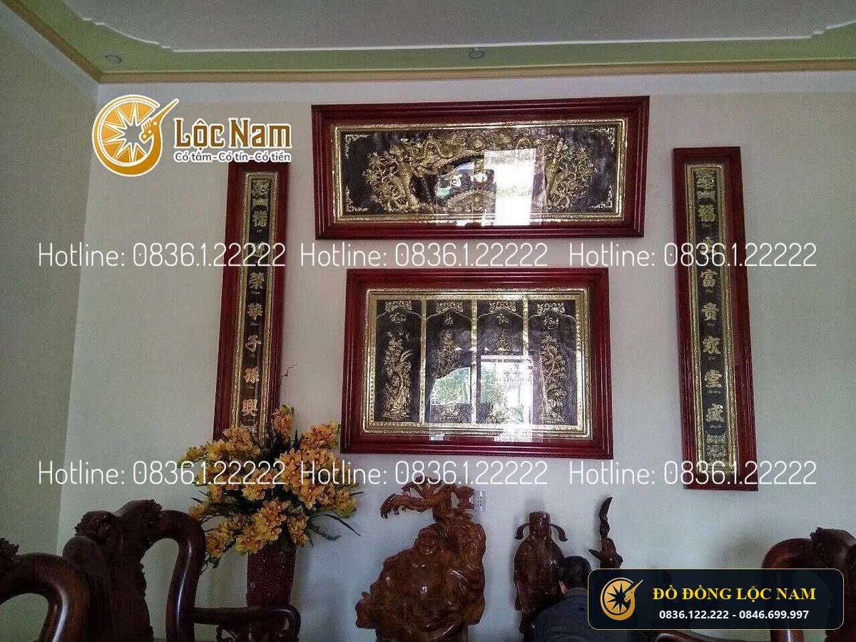 Bộ Cuốn Thư Câu Đối Tranh Tứ Quý Bằng Đồng Khung Gỗ 1m55