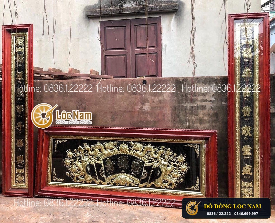 Bộ Cuốn Thư Câu Đối Tranh Tứ Quý Bằng Đồng Khung Gỗ 1m55 góc chụp 1