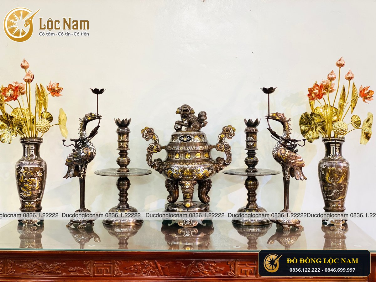 Bo Dinh Ngu Su Bằng Đồng Khảm Ngũ Sắc Cao 70cm