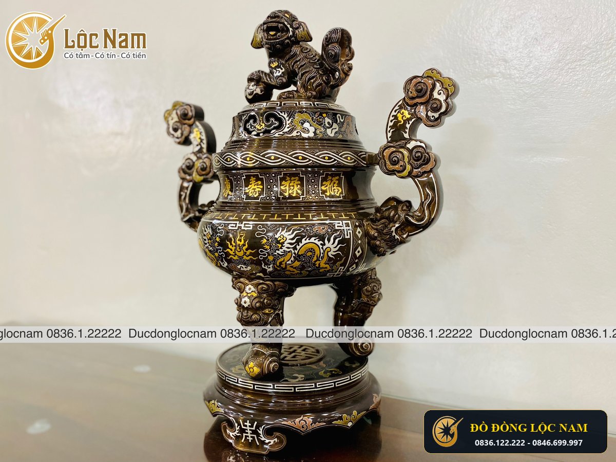 Bo Dinh Ngu Su Bằng Đồng Khảm Ngũ Sắc Cao 70cm góc chụp 1