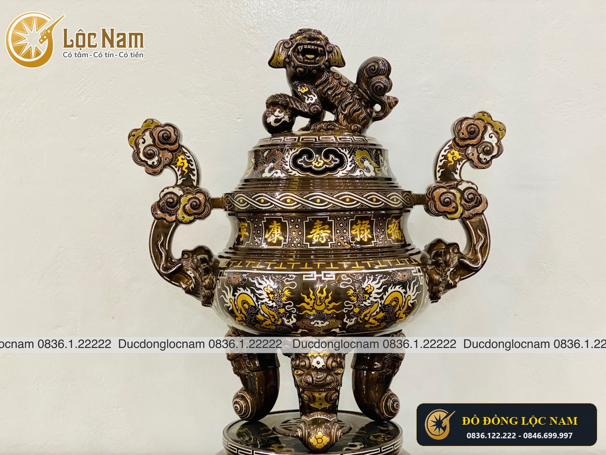 Bo Dinh Ngu Su Bằng Đồng Khảm Ngũ Sắc Cao 70cm góc chụp 2