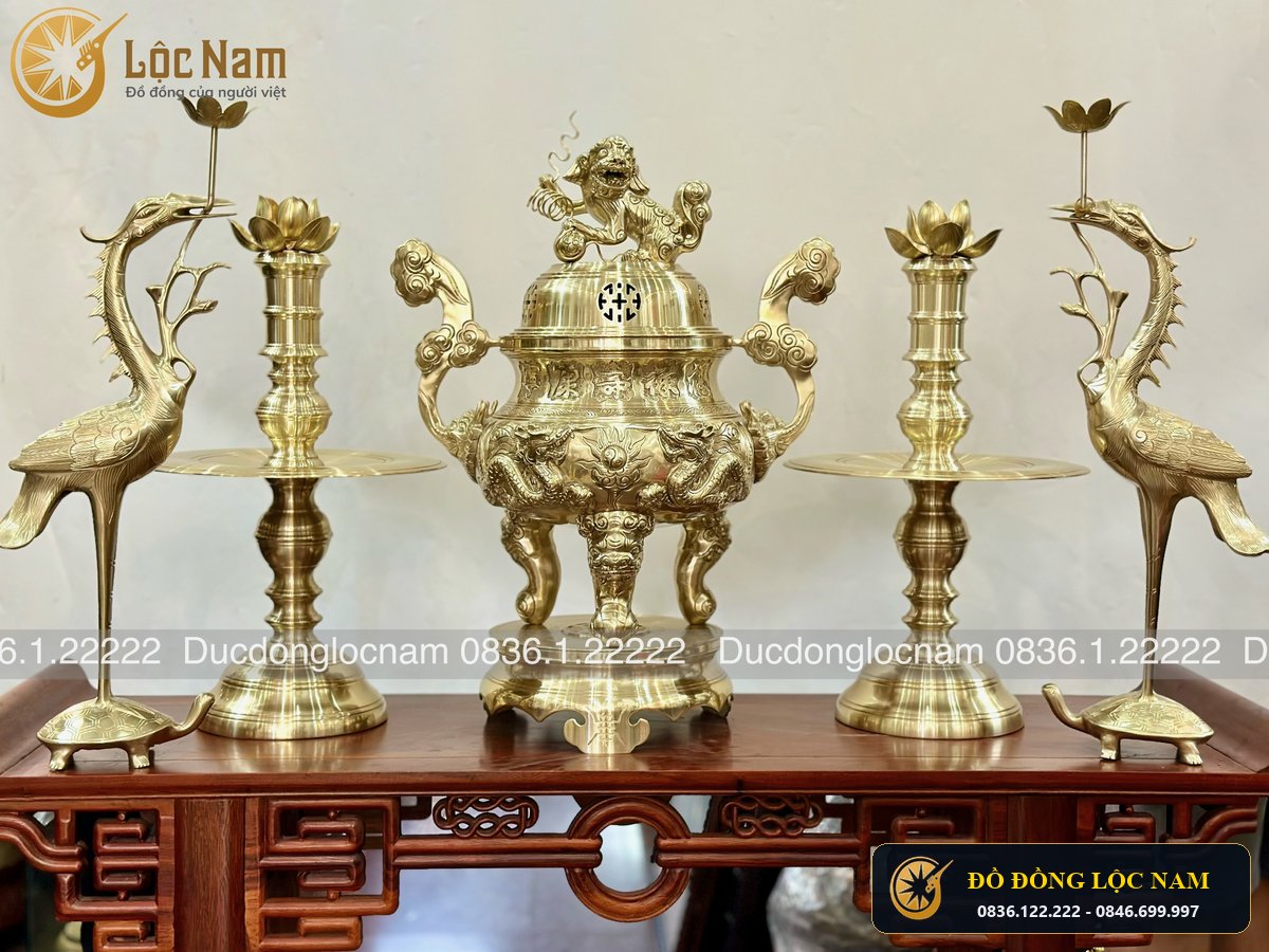 Bộ Ngũ Sự Dinh Rong Bằng Đồng Vàng Thau Cao 60cm