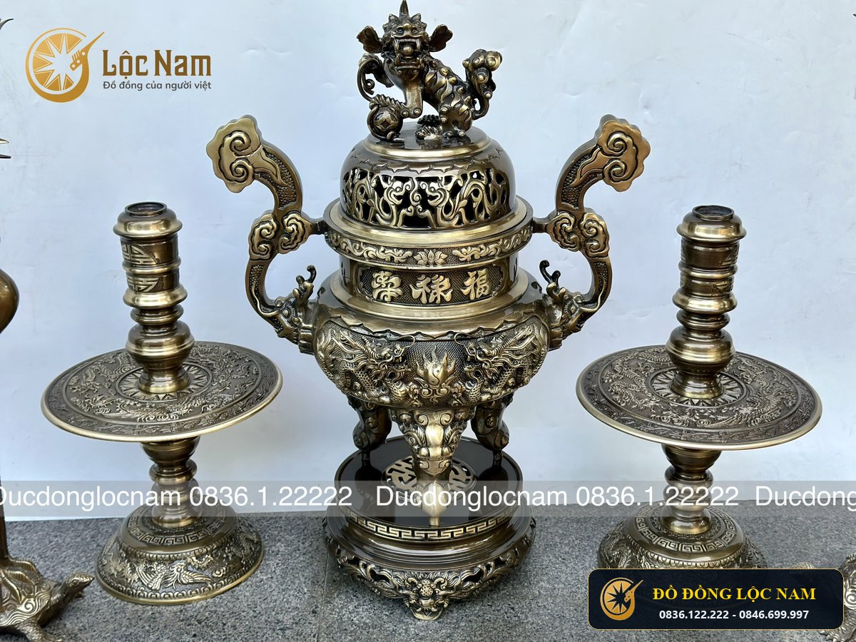 Bộ Ngũ Sự dinh rong duc noi 3D Bằng Đồng Vàng cao 65cm