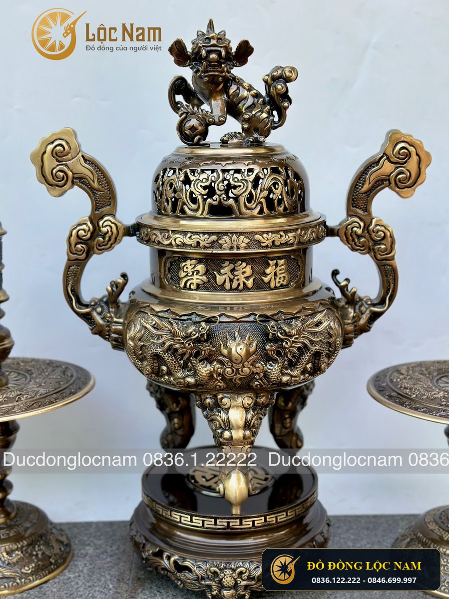 Bộ Ngũ Sự dinh rong duc noi 3D Bằng Đồng Vàng cao 65cm góc chụp 1