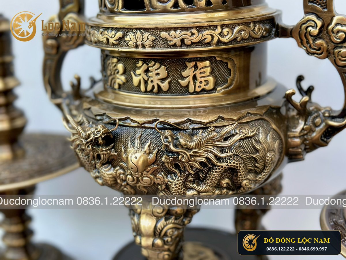 Bộ Ngũ Sự dinh rong duc noi 3D Bằng Đồng Vàng cao 65cm góc chụp 2