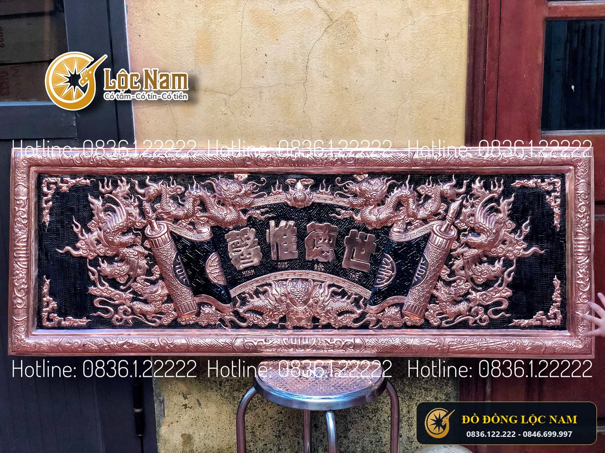 Đại Tự Câu Đối Bằng Đồng Đỏ Nền Đen Kích thước 1m55