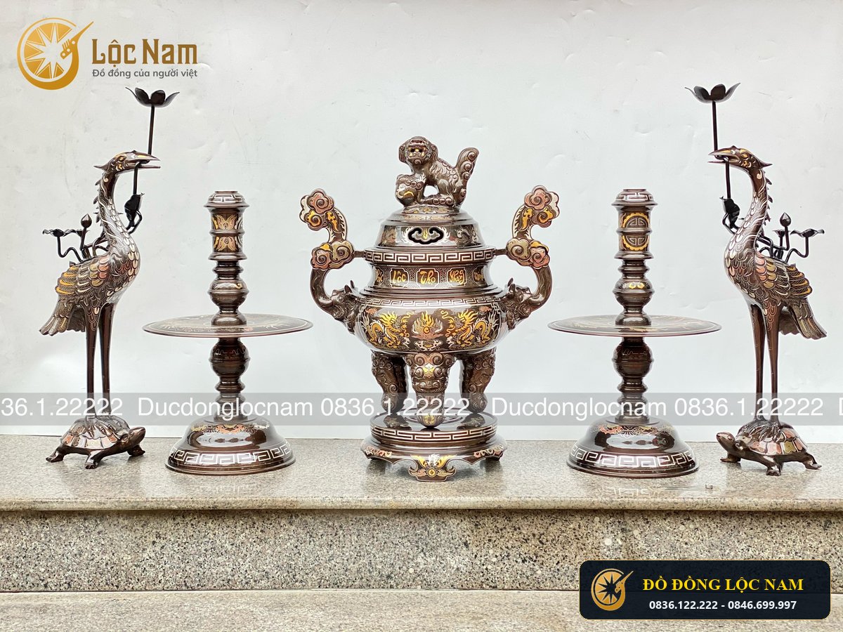 Đỉnh Ngũ Sự Bằng Đồng Đỏ Khảm Ngũ Sắc Chữ Việt Cao 60cm