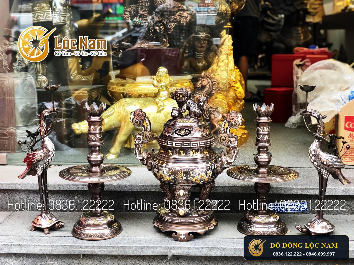 Dinh Ngu Su Bằng Đồng Khảm Ngũ Sắc Ca0 60cm