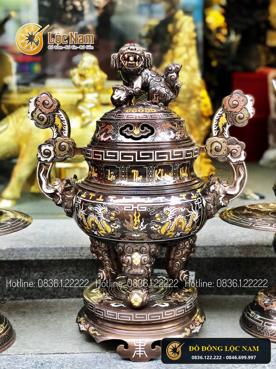 Dinh Ngu Su Bằng Đồng Khảm Ngũ Sắc Ca0 60cm góc chụp 2