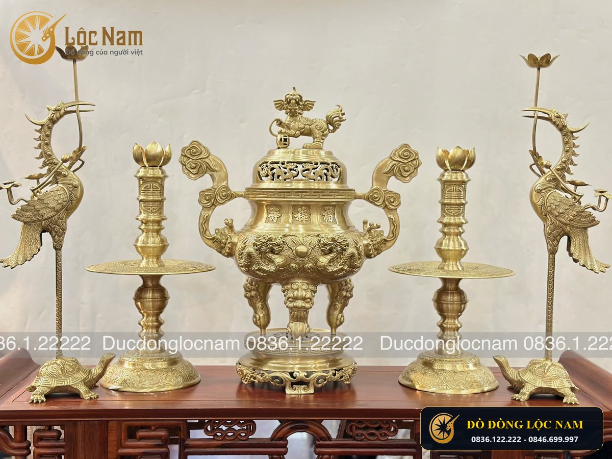 Đỉnh Ngũ Sự Rồng Bằng Đồng Vàng Màu Mộc Cao 60cm