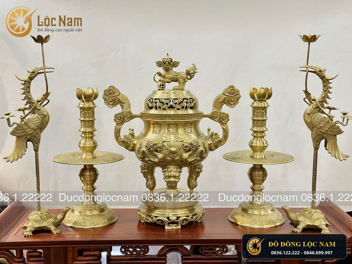Đỉnh Ngũ Sự Rồng Bằng Đồng Vàng Màu Mộc Cao 60cm góc chụp 1