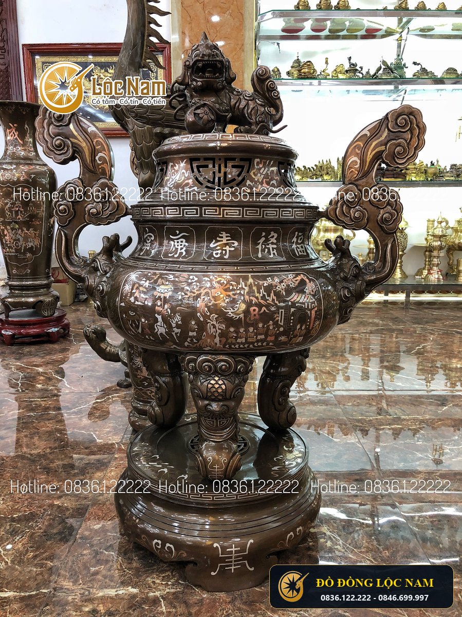 Đỉnh Tai Mây Đồng Đỏ Khảm Tam Khí Cao 1m1