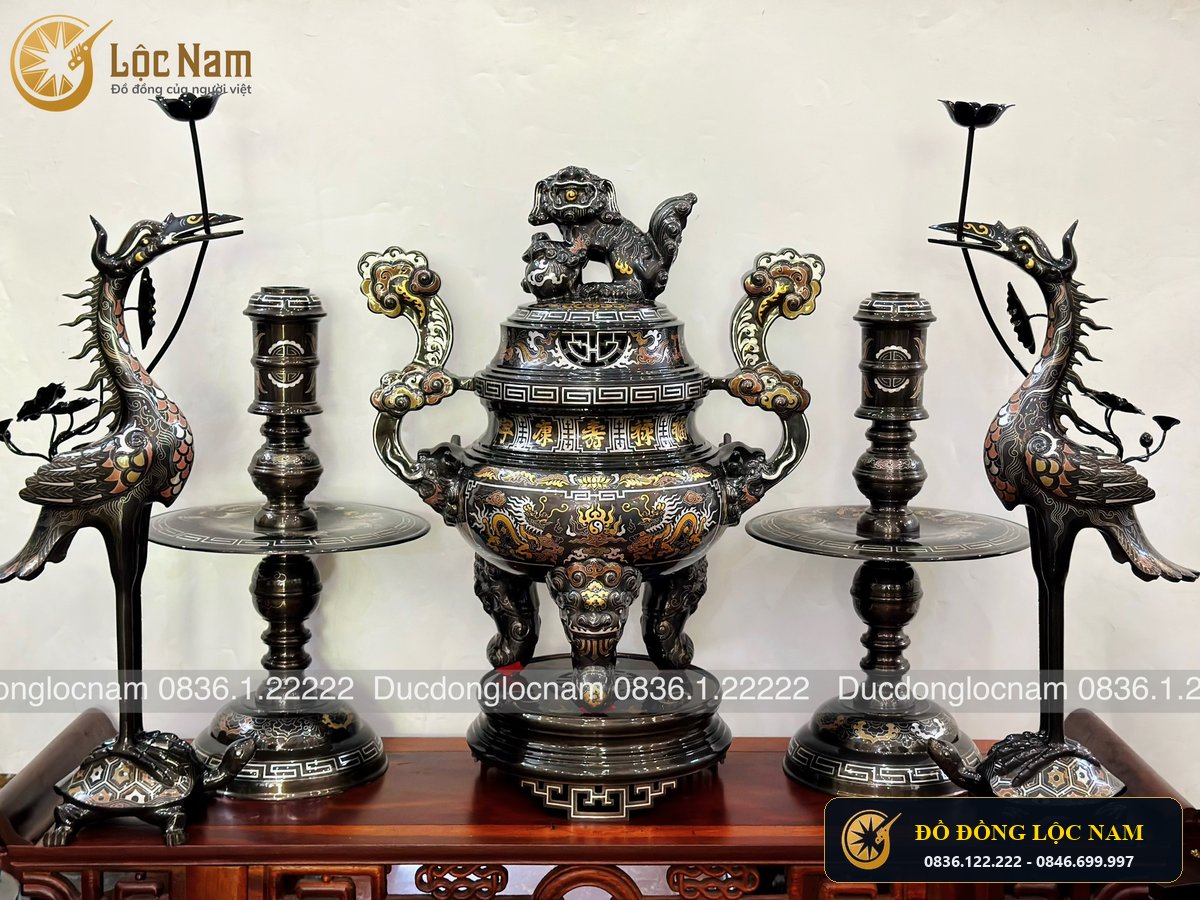 Dinh Tho Ngu Su Bằng Đồng Khảm Ngũ Sắc Cao 70cm