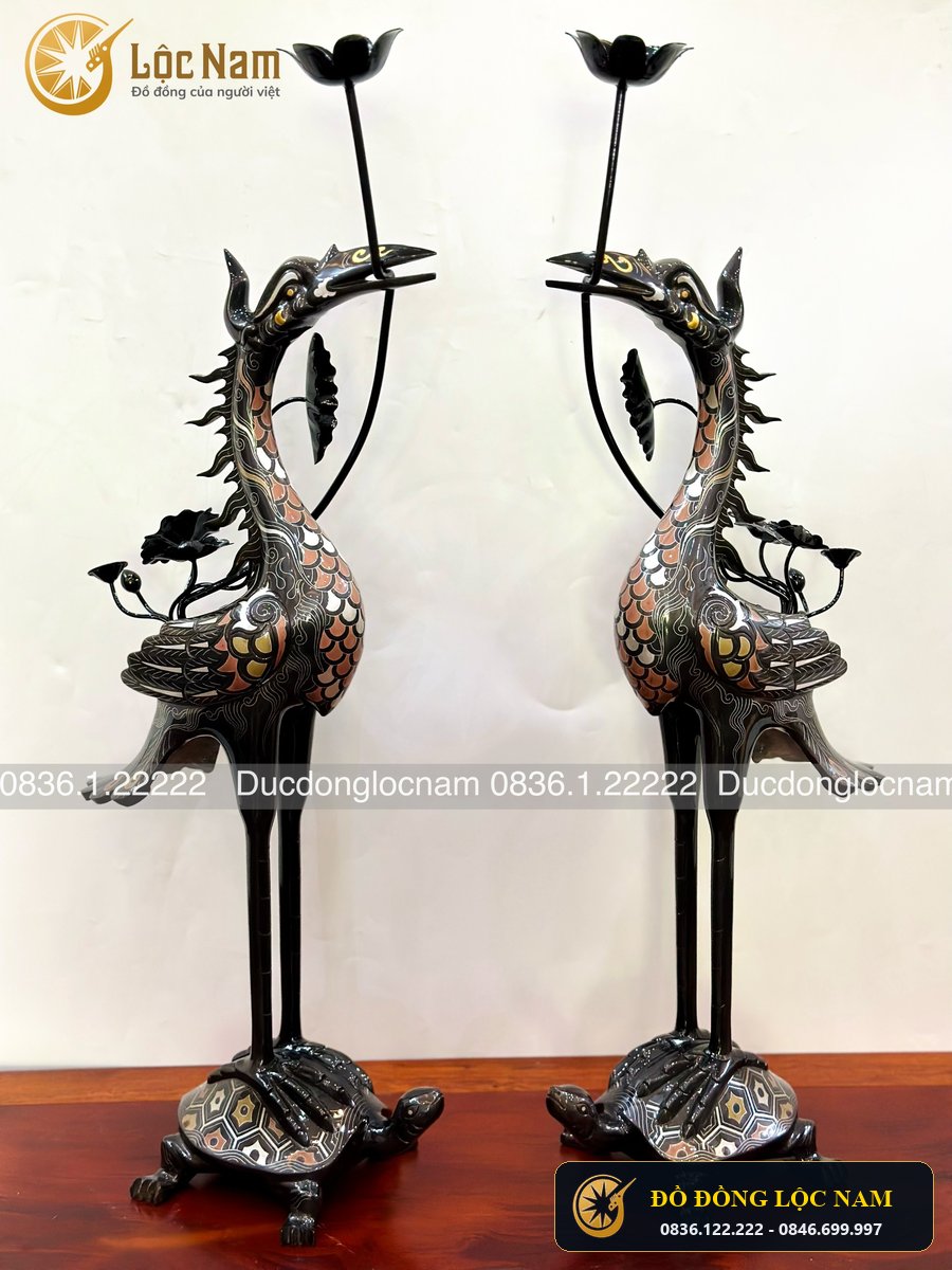 Doi Hạc Thờ Bằng Đồng Đỏ Khảm Ngũ Sắc Bo 70cm
