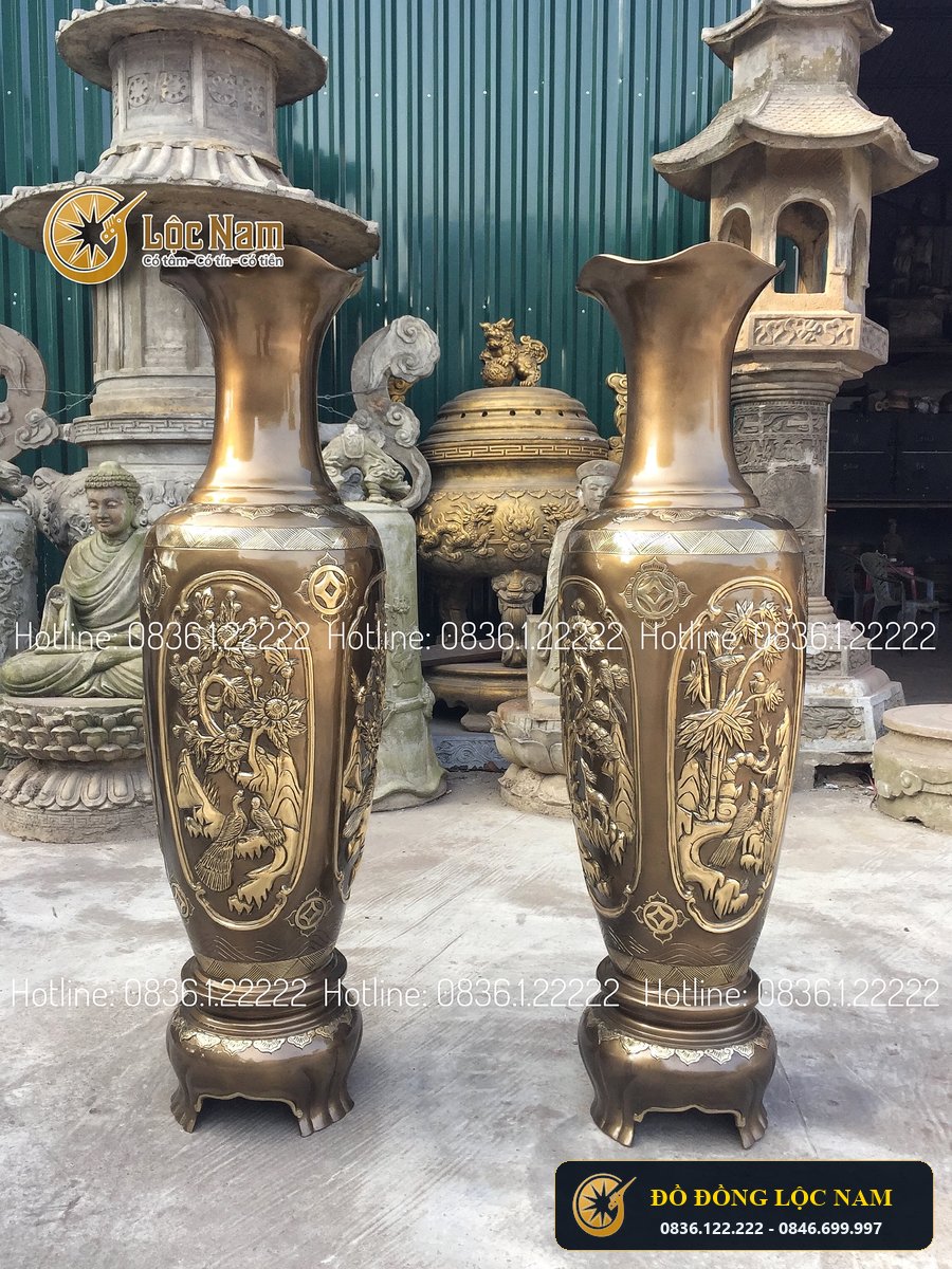 Đôi Lọ Lộc Bình Bằng Đồng Vàng Tứ Quý Cao 1m27