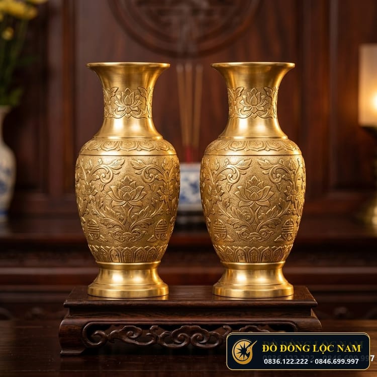 Đôi Lọ Hoa Bằng Đồng Vàng Chạm Rồng Phượng Tinh Xảo