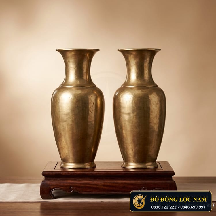 Đôi Lọ Hoa Dáng Tròn Cổ Điển Bằng Đồng Vàng Thau