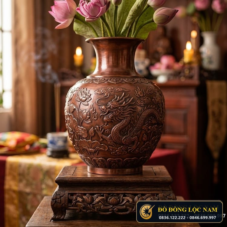 Lọ Hoa Thờ Bằng Đồng Đỏ Mộc Đúc Thủ Công Ý Yên