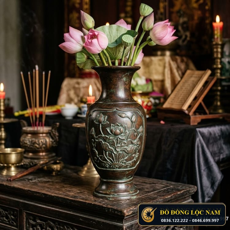 Đôi Lọ Hoa Bằng Đồng Hun Nâu Giả Cổ Trang Nghiêm
