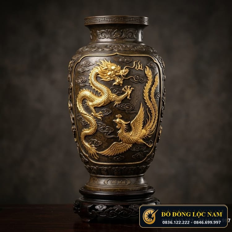 Đôi Lọ Hoa Thờ Họa Tiết Tứ Linh Điểm Vàng 24K