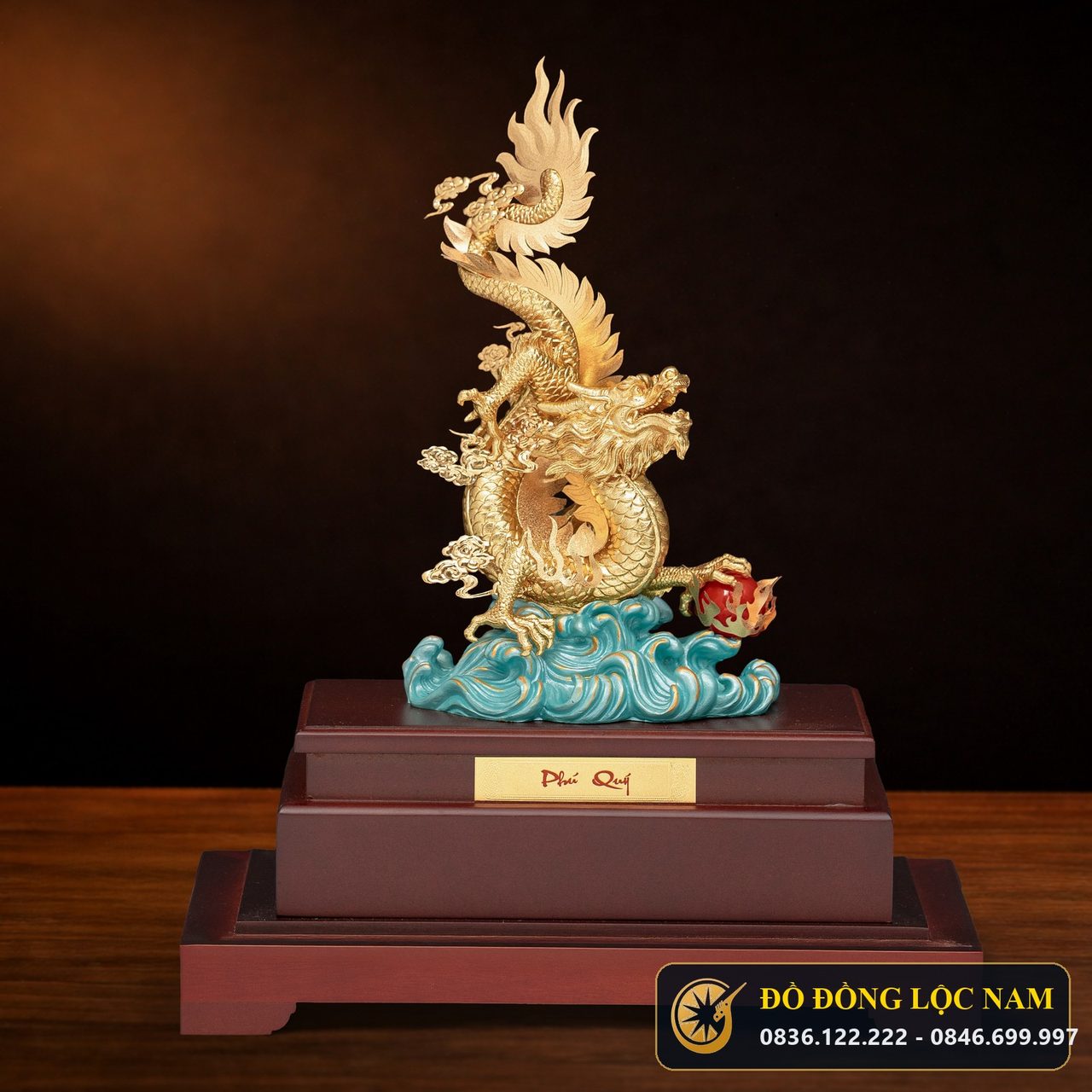 Mô Hình Rồng Thăng Long Mạ Vàng 24K Đế Pha Lê Xanh