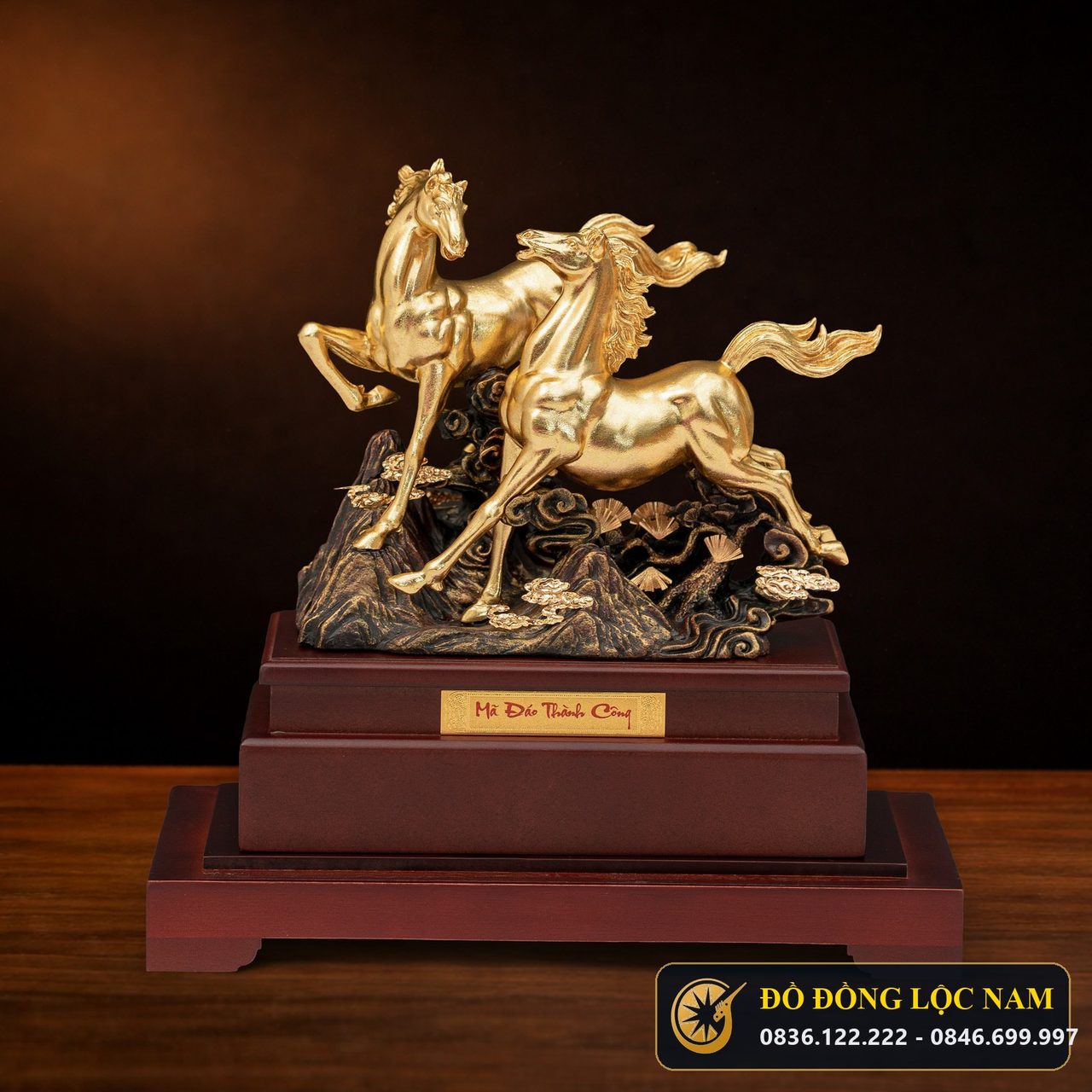 Tượng Song Mã Vượng Tài Phong Thủy Mạ Vàng 24K
