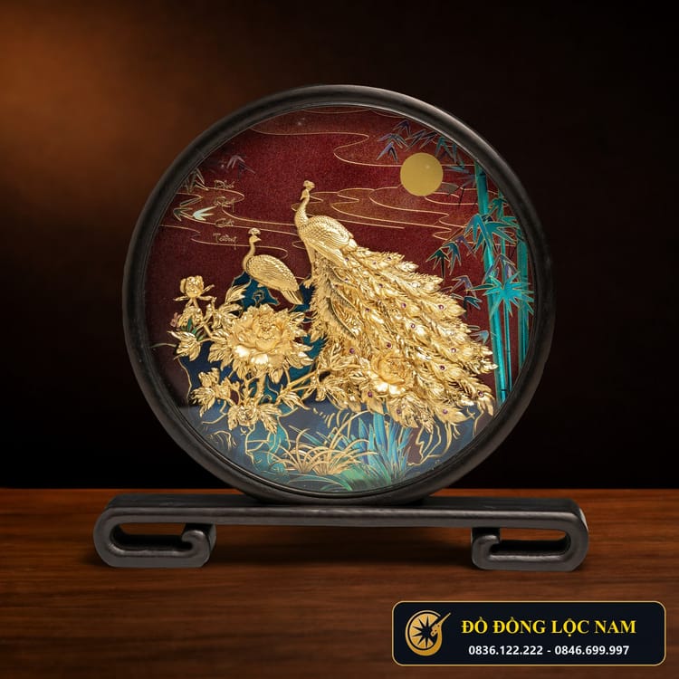 Đĩa Đồng Khổng Tước Khai Bình Mạ Vàng 24K Phong Thủy