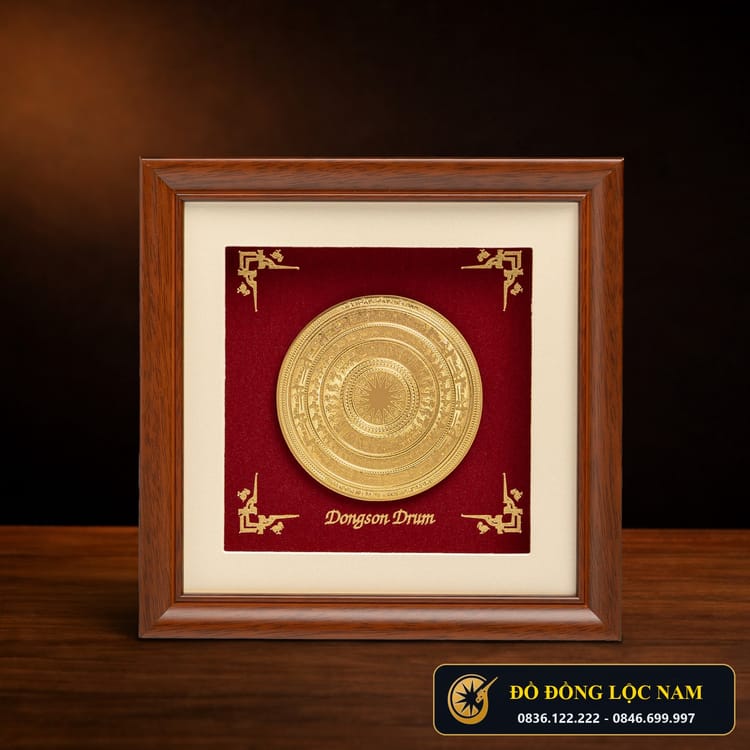 Tranh Mặt Trống Đồng Đông Sơn Mạ Vàng 24K Khung Gỗ