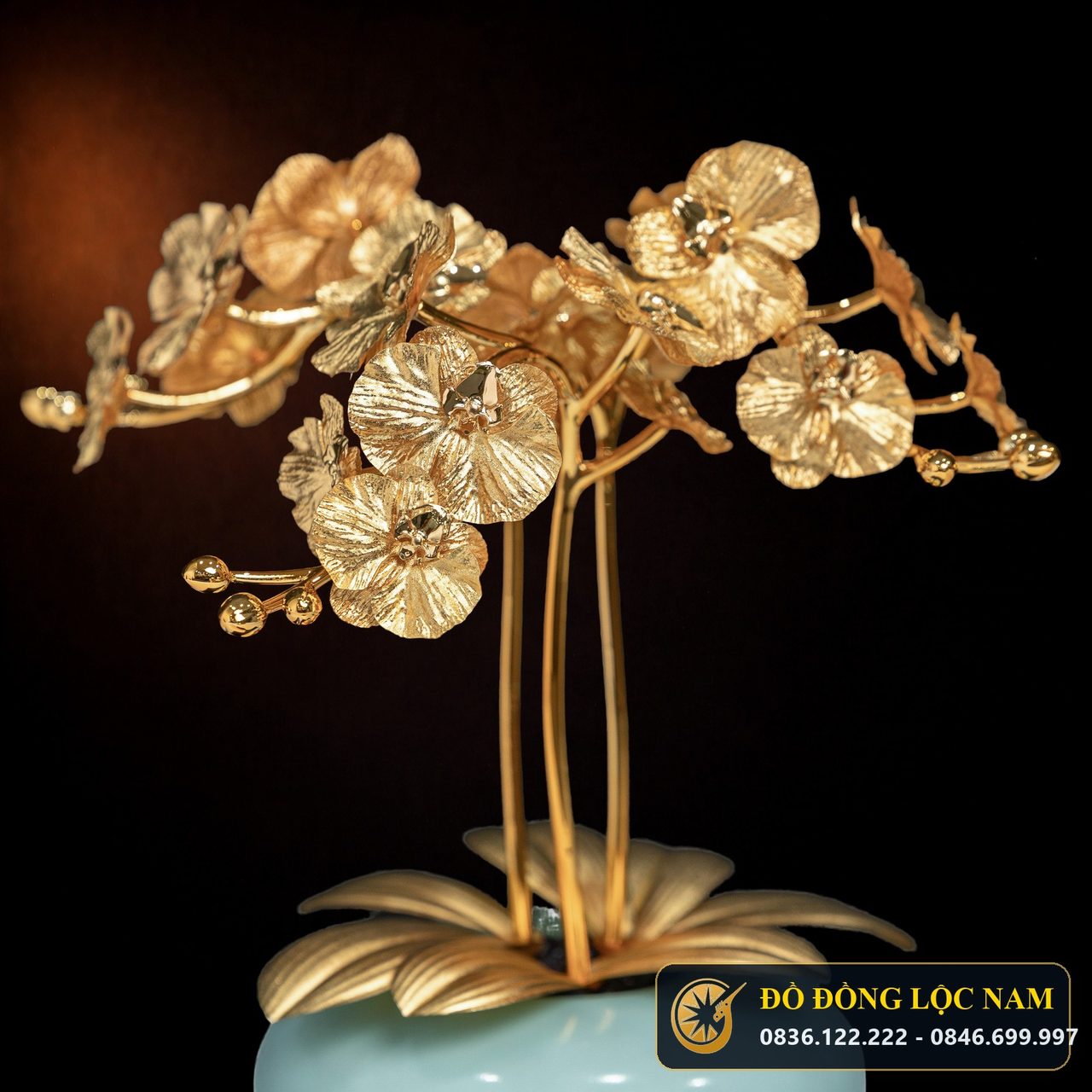 Hoa Lan Chậu Xanh Nghệ Thuật Dát Vàng 24K - Mẫu 1 góc chụp 2