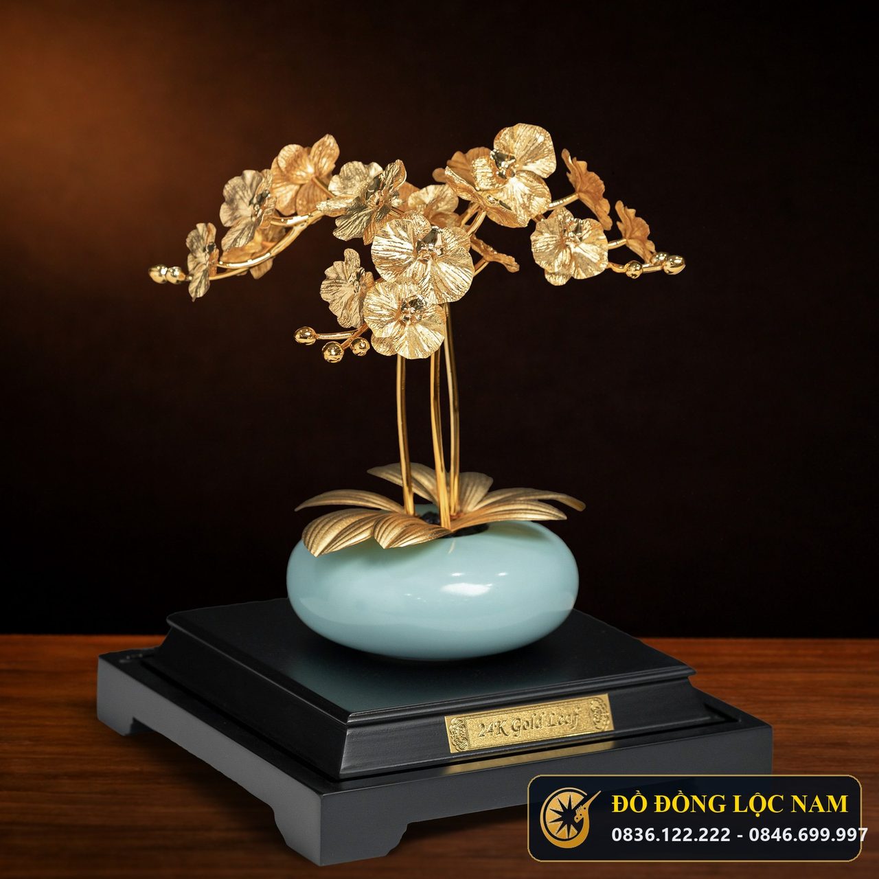 Hoa Lan Chậu Xanh Nghệ Thuật Dát Vàng 24K - Mẫu 2 góc chụp 1