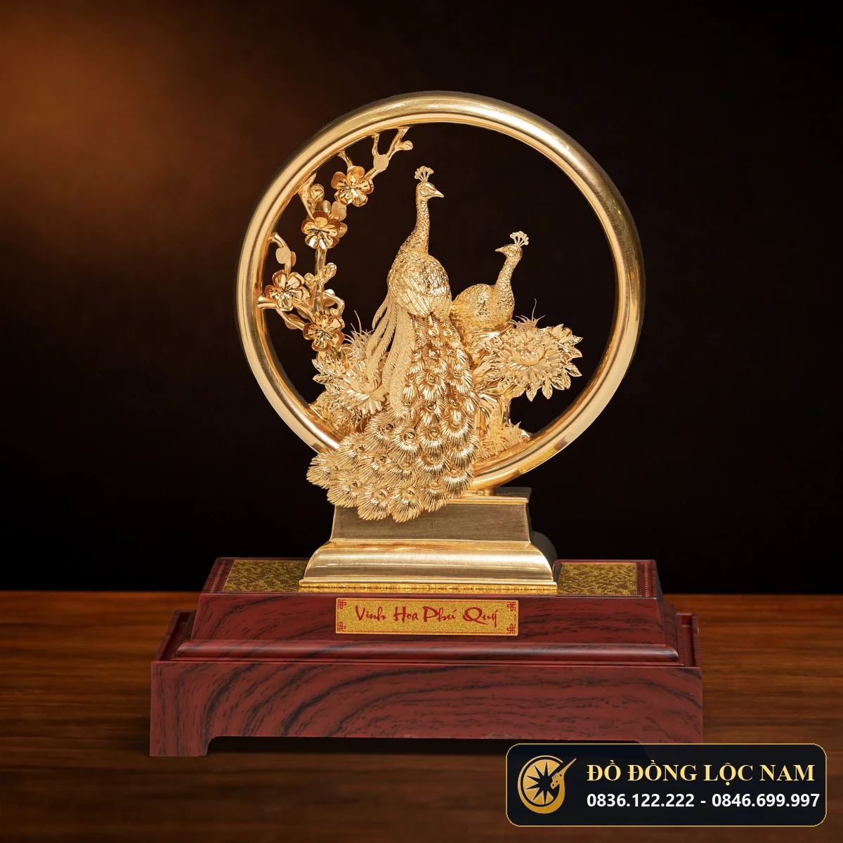 Biểu Trưng Tròn Chim Công Uyên Ương Mạ Vàng 24K