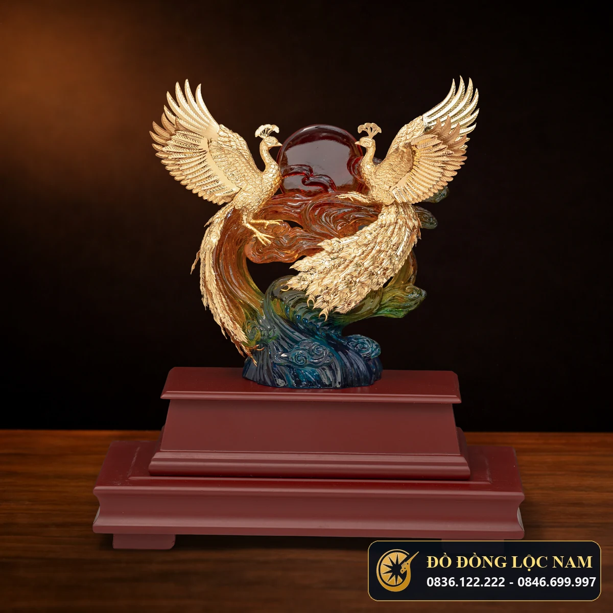 Tượng Đôi Công Uyên Ương Đế Ngọc Mạ Vàng 24K