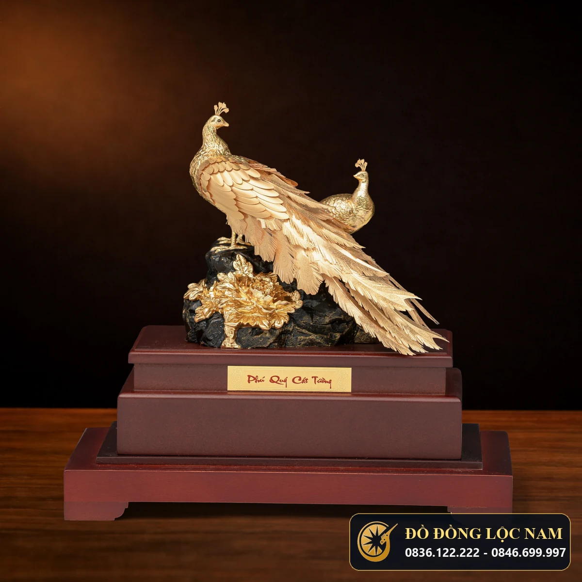 Tượng Chim Công Uyên Ương Phú Quý Mạ Vàng 24K