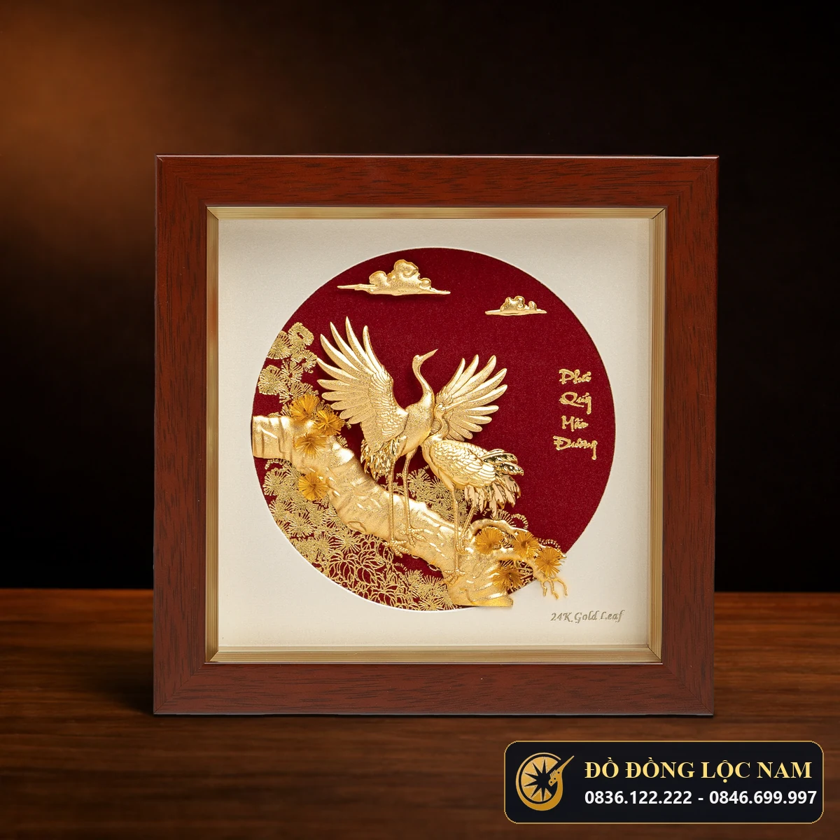 Tranh Tùng Hạc Diên Niên Để Bàn Mạ Vàng 24K Cỡ Nhỏ