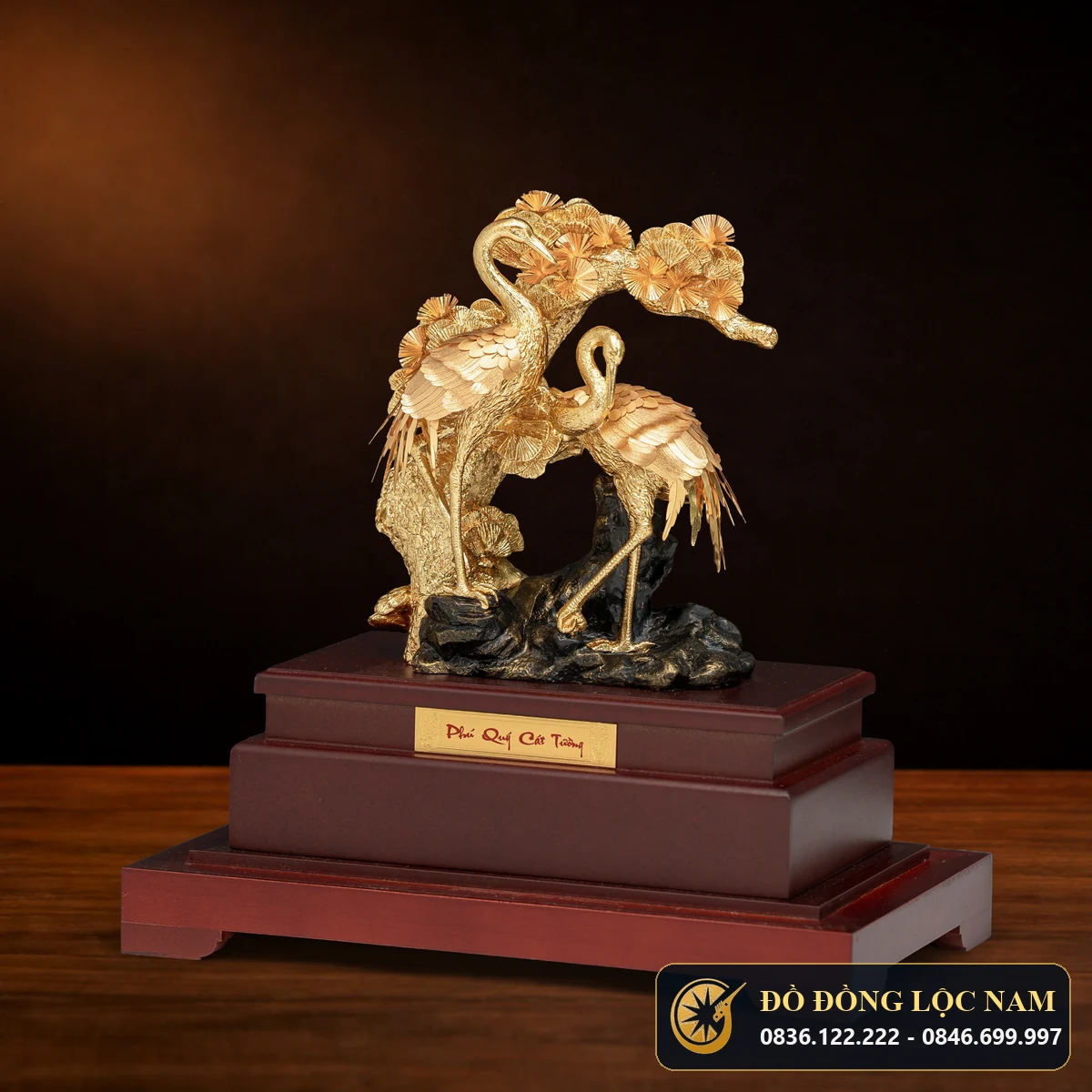 Tượng Song Hạc Dưới Gốc Tùng Mạ Vàng 24K