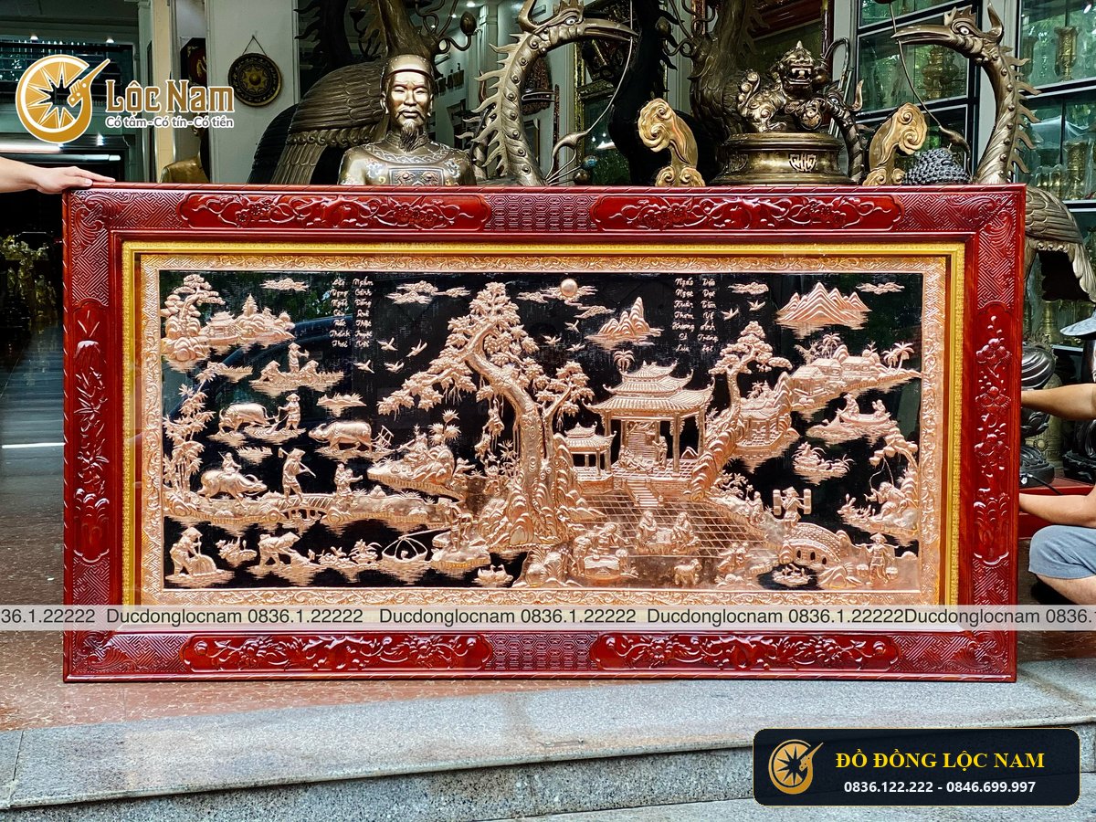 Lắp Đặt tranh đồng quê bằng đồng đỏ 2m3 x 1m2 tại nhà khách Nam Định góc chụp 2