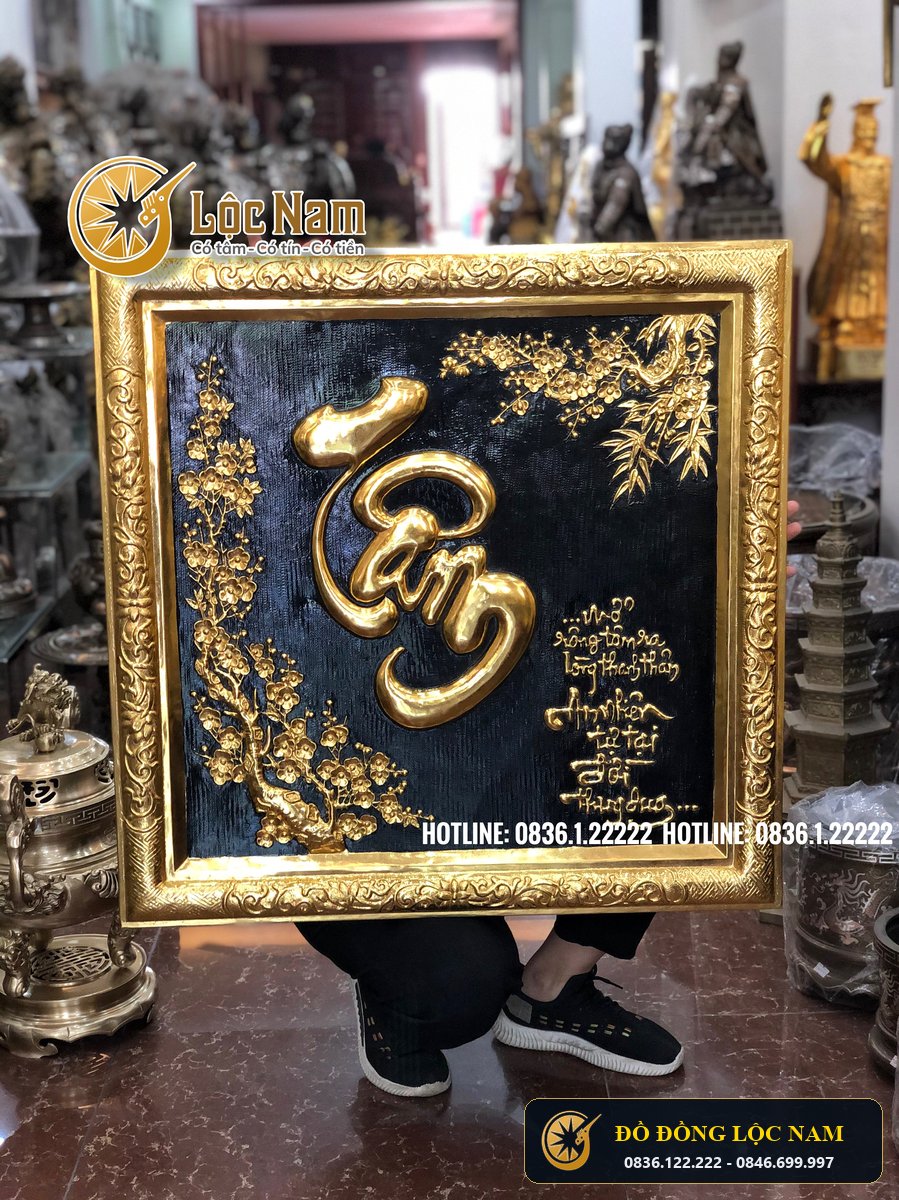 Tranh Chữ Tâm Bằng Đồng Dát Vàng 9999