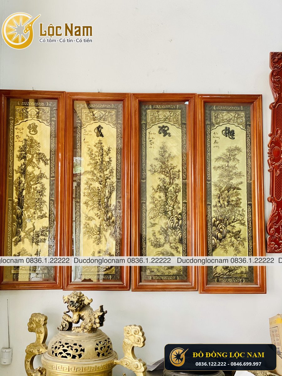 Tranh Tứ Quý Bằng Đồng 1m x 40 Khung Gỗ Gụ