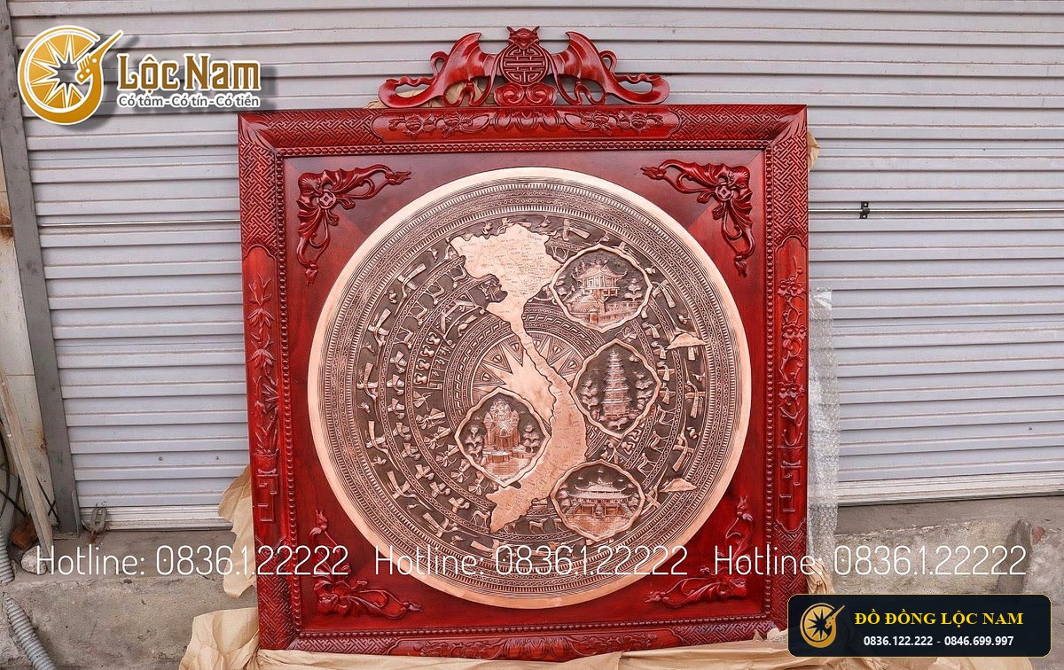 Mặt Trống Đồng Gò Thủ Công Dk 70 Khung Gỗ Hương