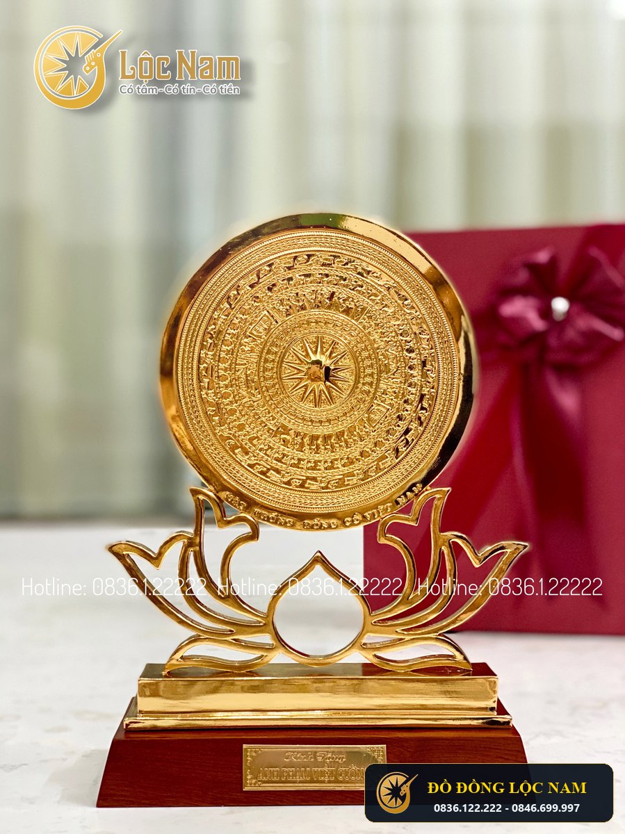 Mặt Trống Đồng Quà Tặng Để Bàn Mạ Vàng 24K