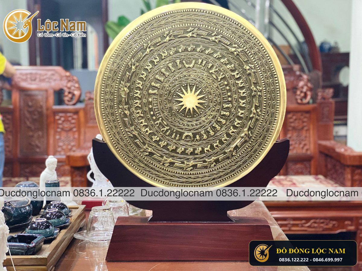 Mặt Trống Đồng Vàng Đúc Thủ Công Hoa Văn Nổi Đường kính 50cm